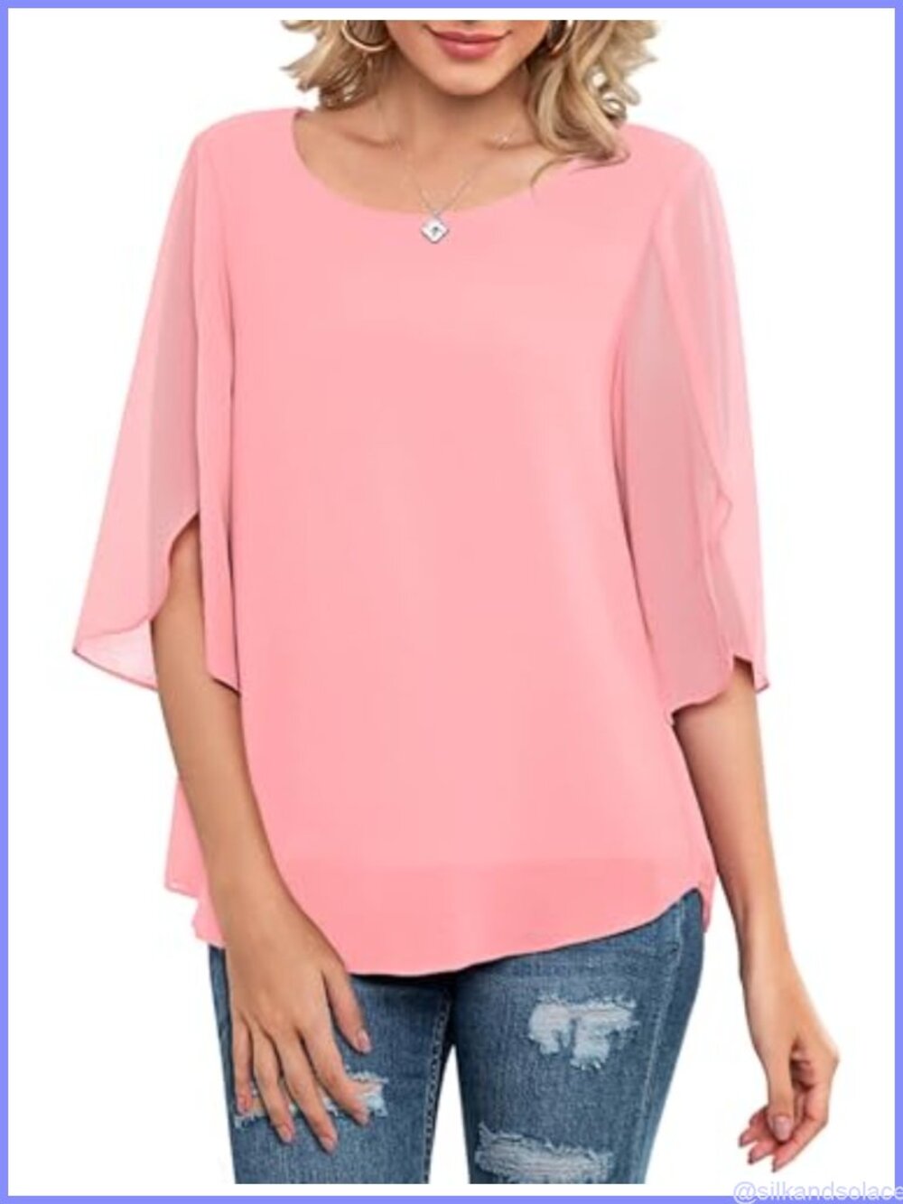 Women's Chiffon Blouse 3/4 Ruffle Sleeve Double-Layer Loose Fit Top